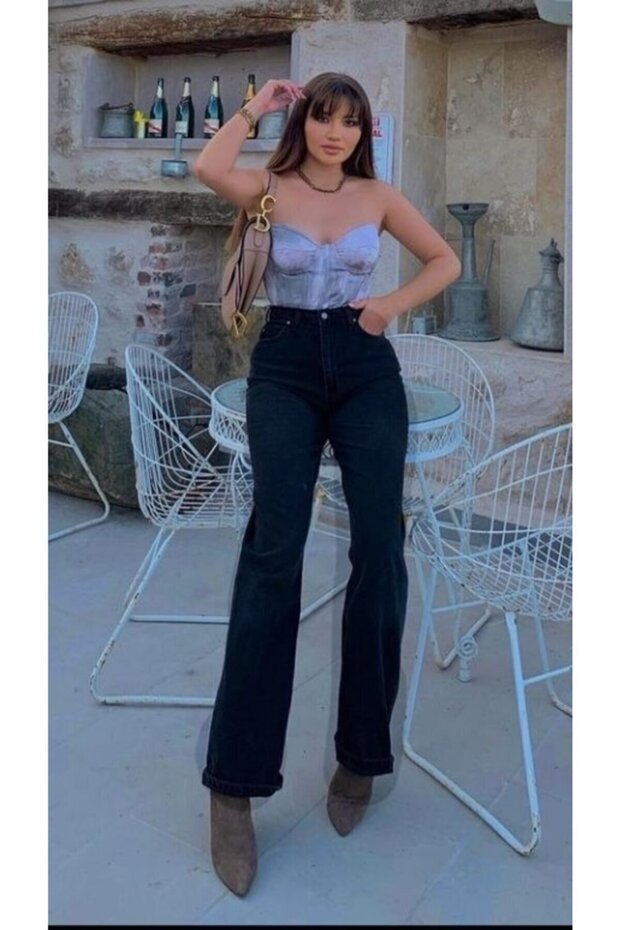 High-Waist Black Denim Pants, Black Relaxed Jeans, Stretch Fabric, Stretchy Palazzo