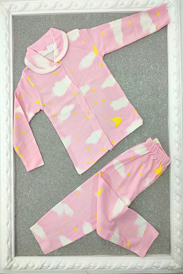 Supermini Pink Color Baby Girl Front Snap Cloud Patterned 2-Piece Pajamas Set