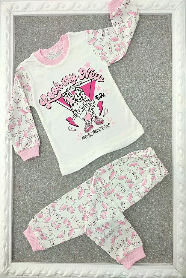 supermini pink color wild rabbit pattern 2 pcs girl and child pajamas set