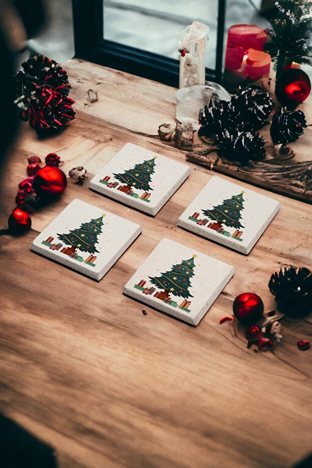 Christmas Tree, Christmas Tree Themed Natural Stone Travertine Coasters Set of 4