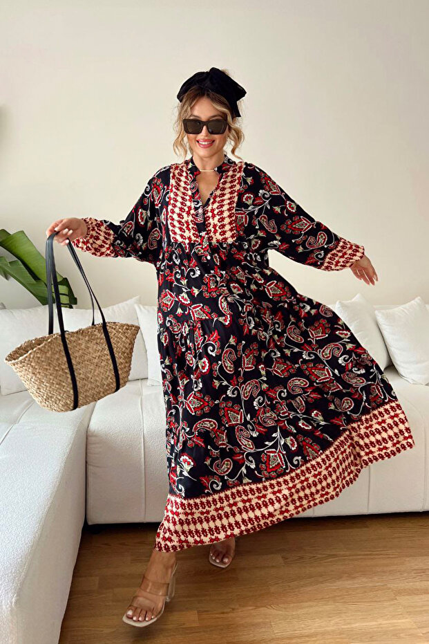 Women's Black Button Detailed Ethnic Authentic Casual Dress