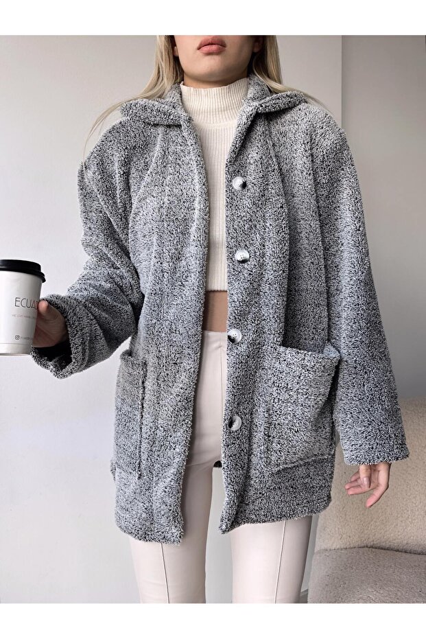 DOUBLE POCKET BUTTONED FRONT OVERSIZED PLUSH JACKET - 1