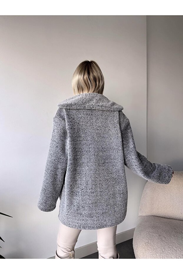 DOUBLE POCKET BUTTONED FRONT OVERSIZED PLUSH JACKET - 7