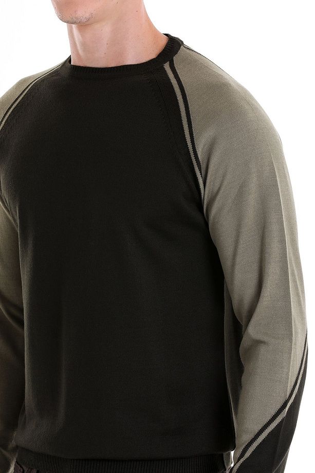 Haki Regular Fit Bisiklet Yaka Jakarlı Yünlü Triko Kazak - 5