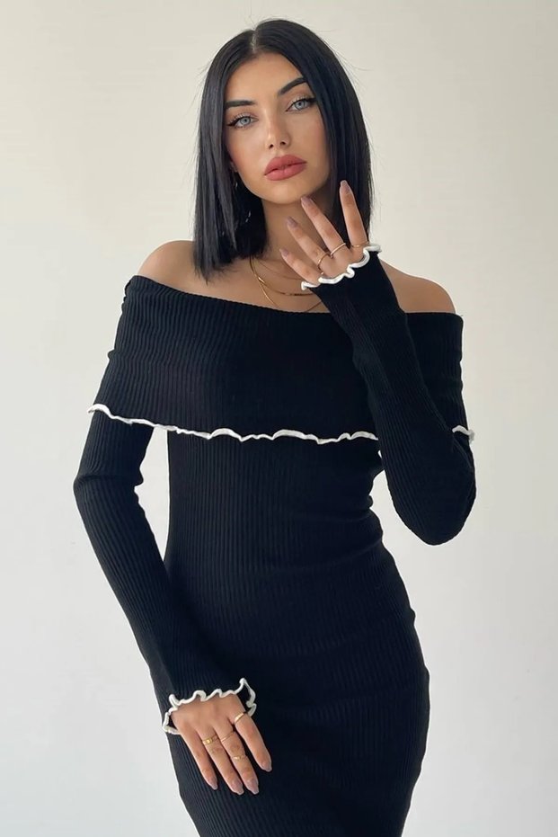 Knitwear Fabric Long Sleeve Carmen Collar Midi Length Black Dress 175