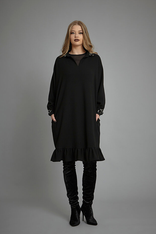 Manşet İşlemeli Elbise - 1