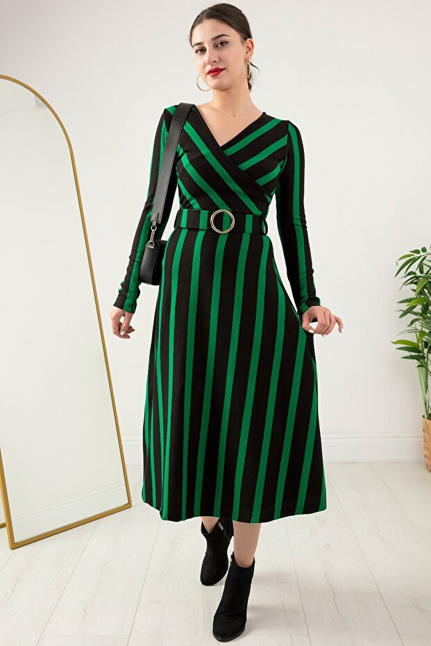 Kruvaze Yaka Kemerli Triko Elbise 2023-0077 - 1