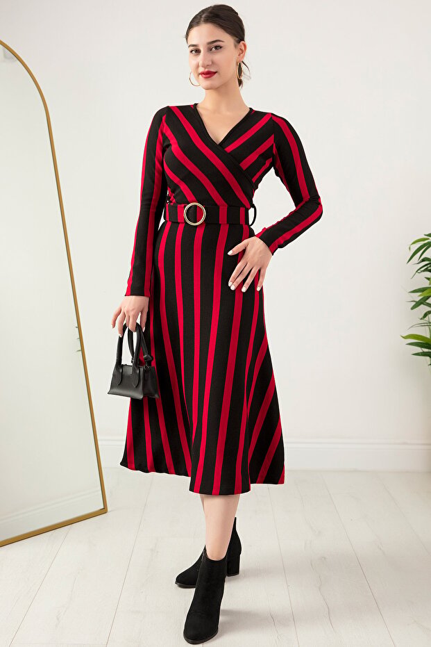 Kruvaze Yaka Kemerli Triko Elbise 2023-0077 - 1