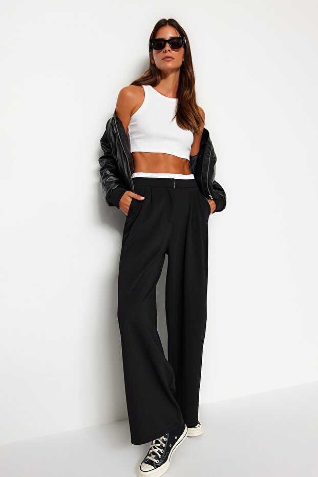 Siyah Wide Leg Boxer Kemer Detaylı Örme Pantolon TWOAW24PL00360 - 3