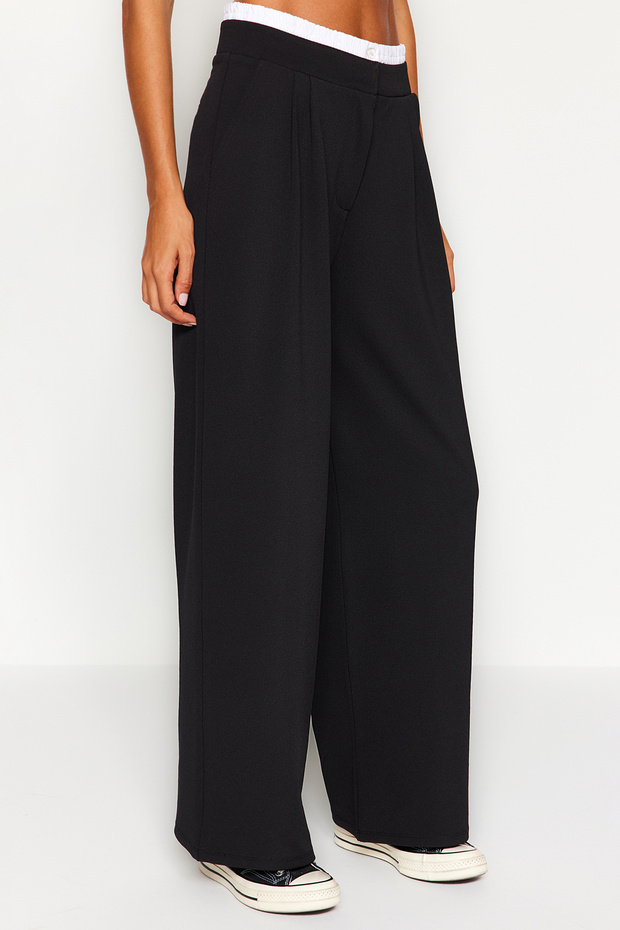 Siyah Wide Leg Boxer Kemer Detaylı Örme Pantolon TWOAW24PL00360 - 4