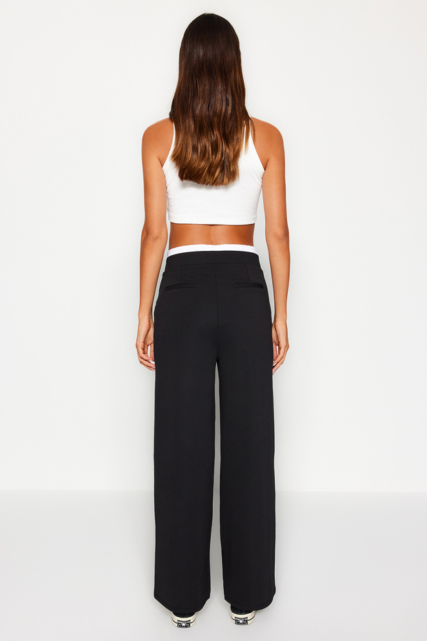 Siyah Wide Leg Boxer Kemer Detaylı Örme Pantolon TWOAW24PL00360 - 6