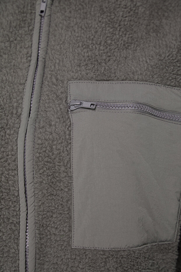 Winter Essentials Antrasit Kalın Polar Fermuarlı Dik Yaka Cepli Örme Sweatshirt TWOAW24SW00071 - 8