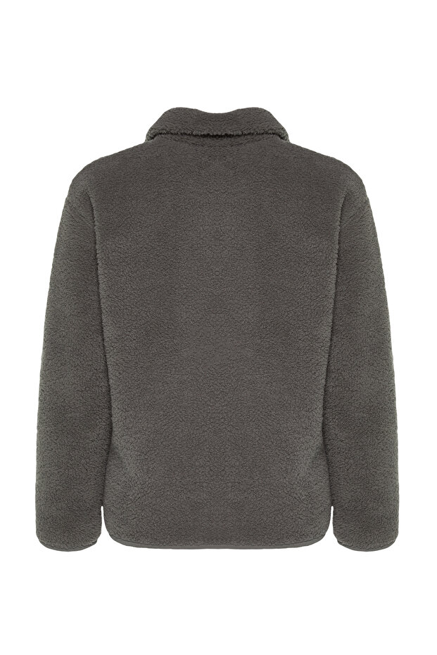 Winter Essentials Antrasit Kalın Polar Fermuarlı Dik Yaka Cepli Örme Sweatshirt TWOAW24SW00071 - 9