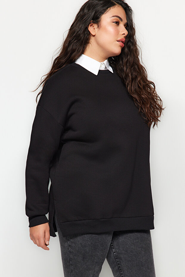 Siyah Kalın İçi Polarlı Yırtmaçlı Oversize/Bol Kesim Örme Büyük Beden Sweatshirt TBBAW24AO00003 - 4