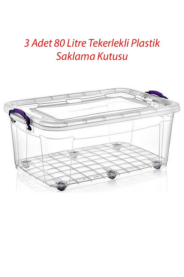 3 Adet 80 Litre Tekerlekli  Multi Box Saklama Kutusu - E-515-3 - 1
