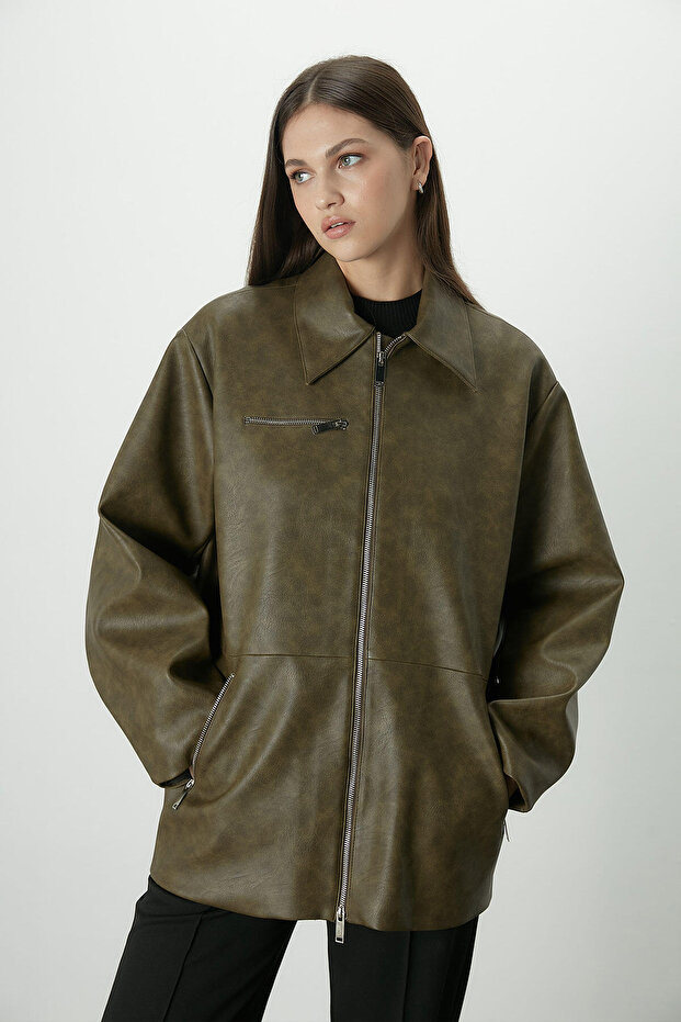 WORNED EFFECT LEATHER JACKET GREEN - 6