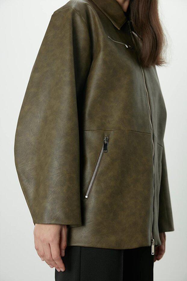 WORNED EFFECT LEATHER JACKET GREEN - 8