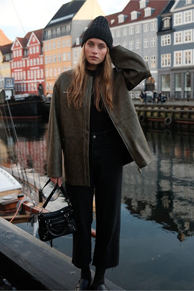 WORNED EFFECT LEATHER JACKET GREEN - 1