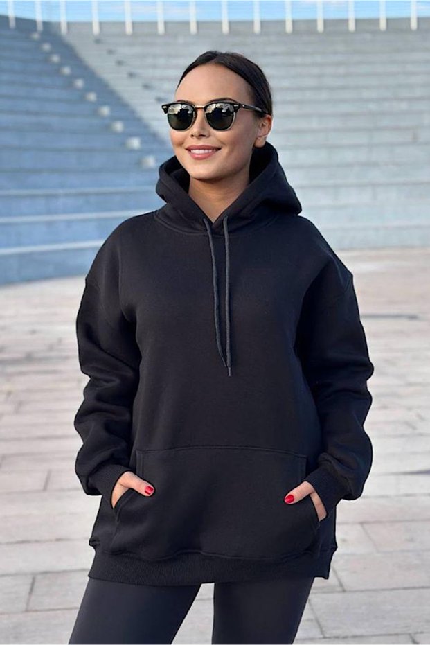 Black Color 3 Thread Hooded Pocket Sweatshirt