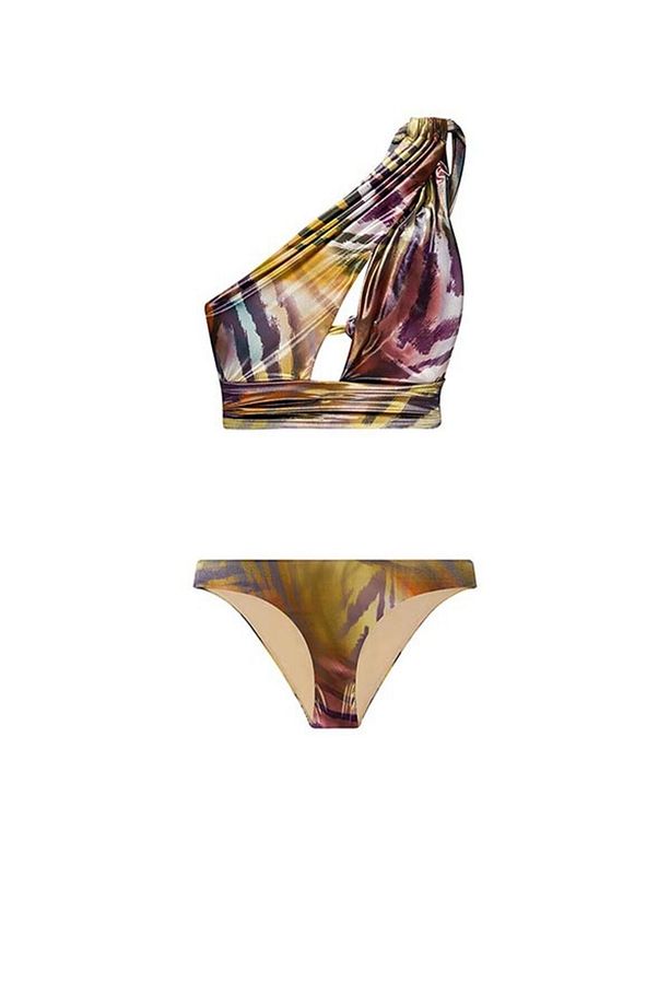 Parlak Kumaş Renkli Desenli Tek Omuz Bikini Takımı - 5