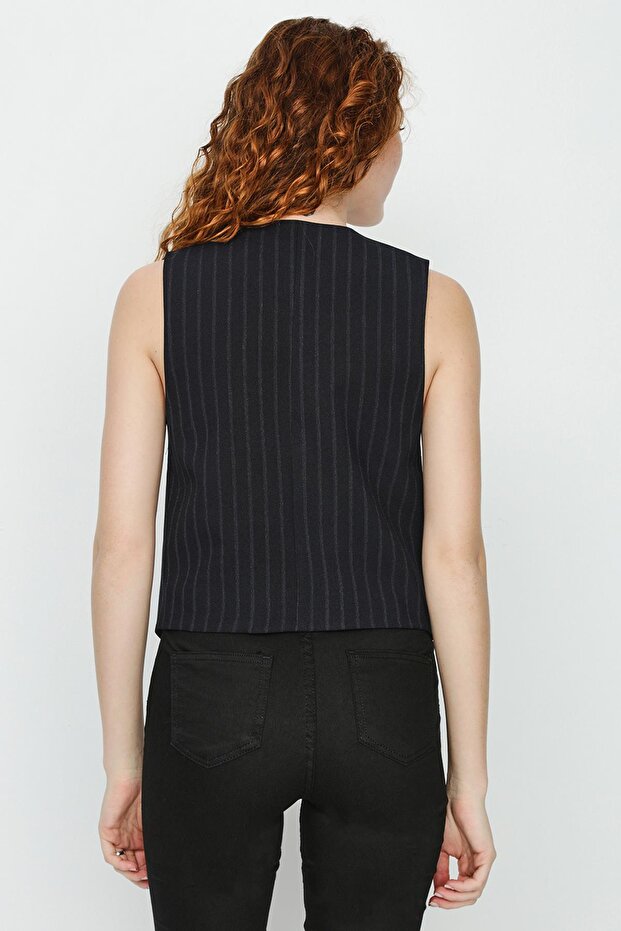 Kadın Çizgili Regular Düğmeli Dokuma Yelek - 6