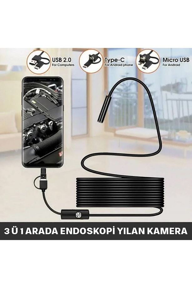 2mt Çift Lens ve Işıklı Usb Girişli Çift Kameralı Endeskop Boroskop Sert Kablo Yılan Kamera - 3