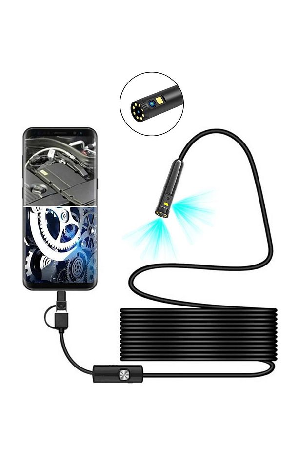 2mt Çift Lens ve Işıklı Usb Girişli Çift Kameralı Endeskop Boroskop Sert Kablo Yılan Kamera - 1