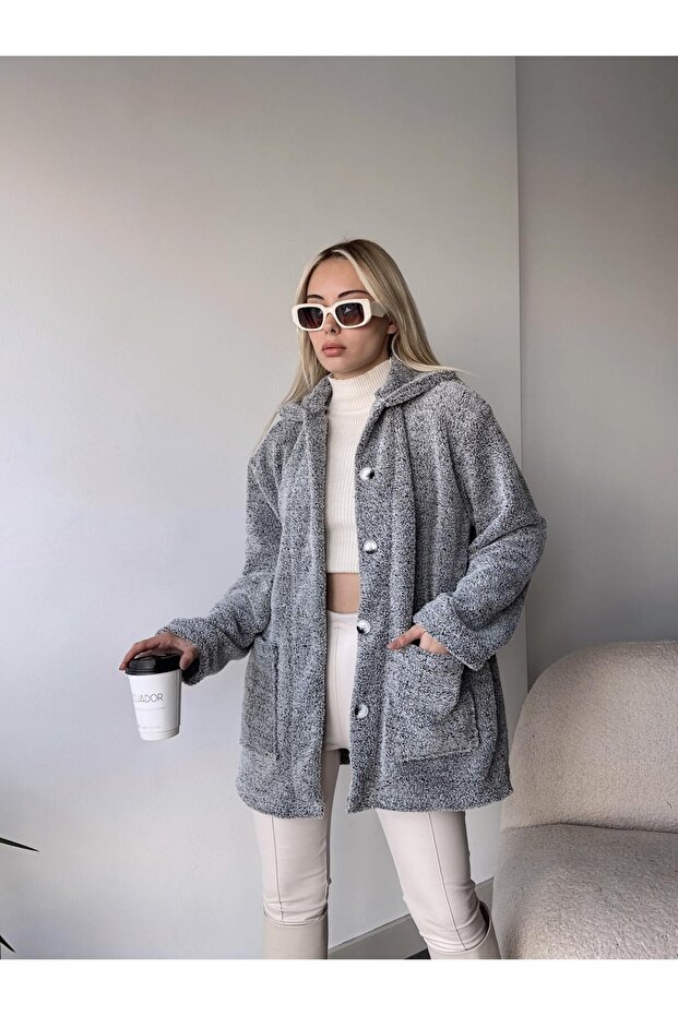 DOUBLE POCKET BUTTONED FRONT OVERSIZED PLUSH JACKET - 6