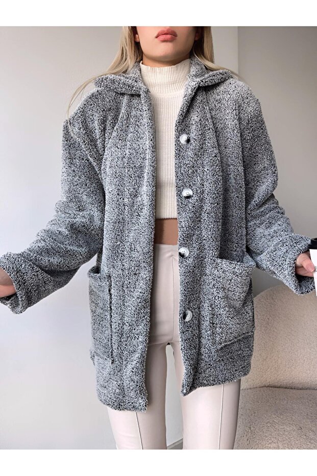 DOUBLE POCKET BUTTONED FRONT OVERSIZED PLUSH JACKET - 4