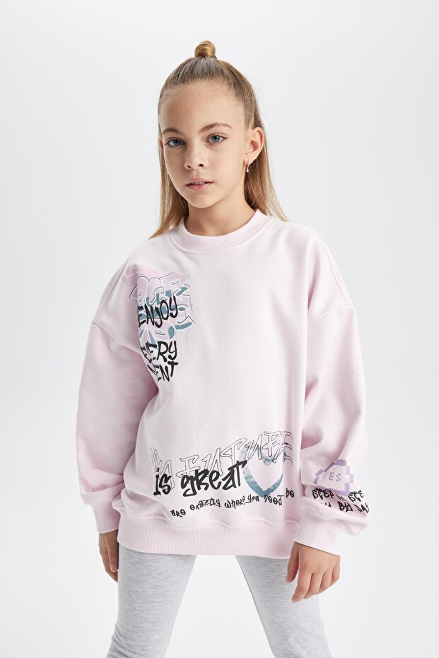 Girl's Oversized Wide Fit Crew Neck Printed Thick Sweatshirt B2520A823Wn