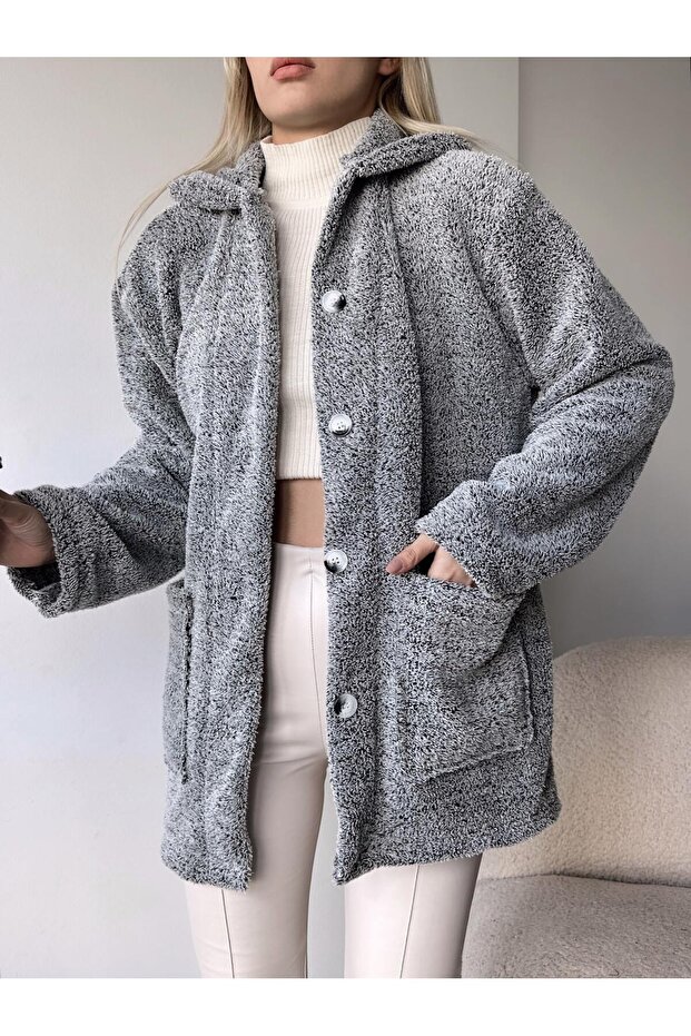 DOUBLE POCKET BUTTONED FRONT OVERSIZED PLUSH JACKET - 2