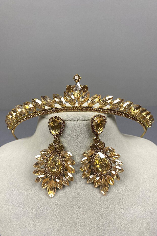 Honey Color Thin Ilayda Model Bridal Crown and Leaf Stone Earring Set – Crown, Crystal Stone, Stylish Model