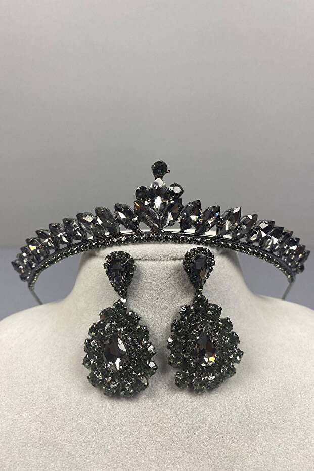 Anthracite Gray Thin Ilayda Model Bridal Crown and Drop Shuttle Earring Set – Crown, Crystal Stone, Stylish Fashion