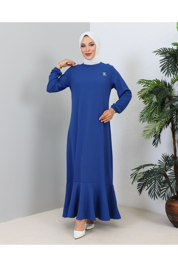 Brooch detailed twirl dress indigo