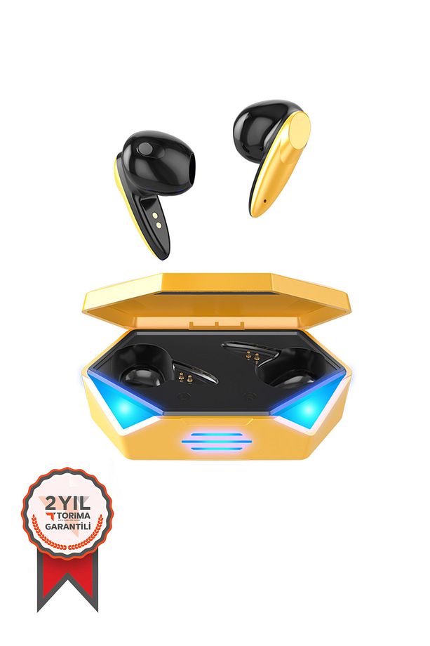 Oyuncu Kulaklığı Kablosuz Kulakiçi Rgb Işıklı Çift Mikrofonlu Bluetooth 5.2 Sarı - 1