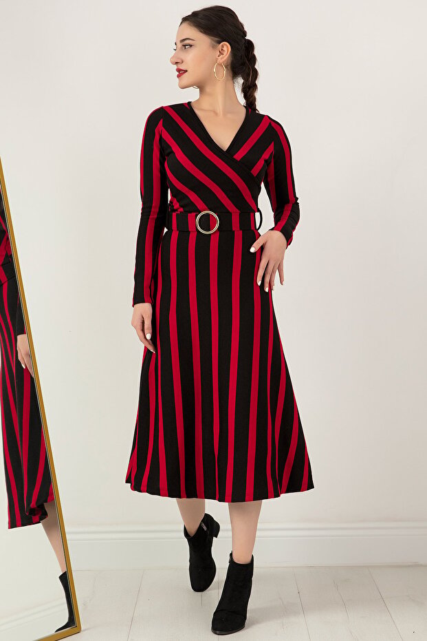 Kruvaze Yaka Kemerli Triko Elbise 2023-0077 - 5