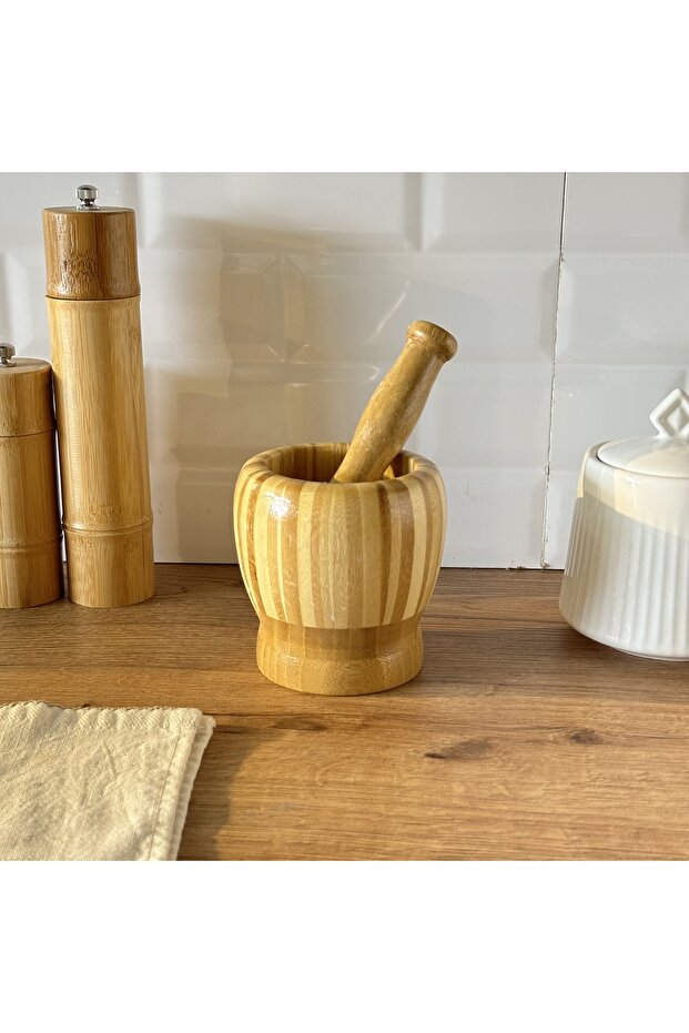 Ahşap Havan Bambu Sarımsak Ezeceği Havan Orta Boy - 1