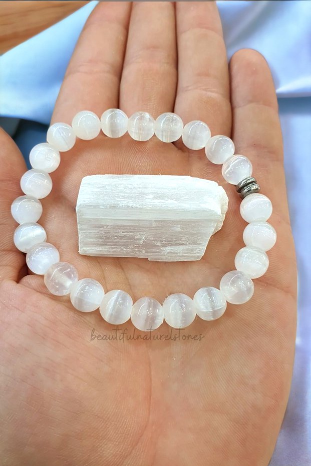 Selenite Real (With Stone Gift) Natural Stone Bracelet (Aura cleans )AA quality 8 mm