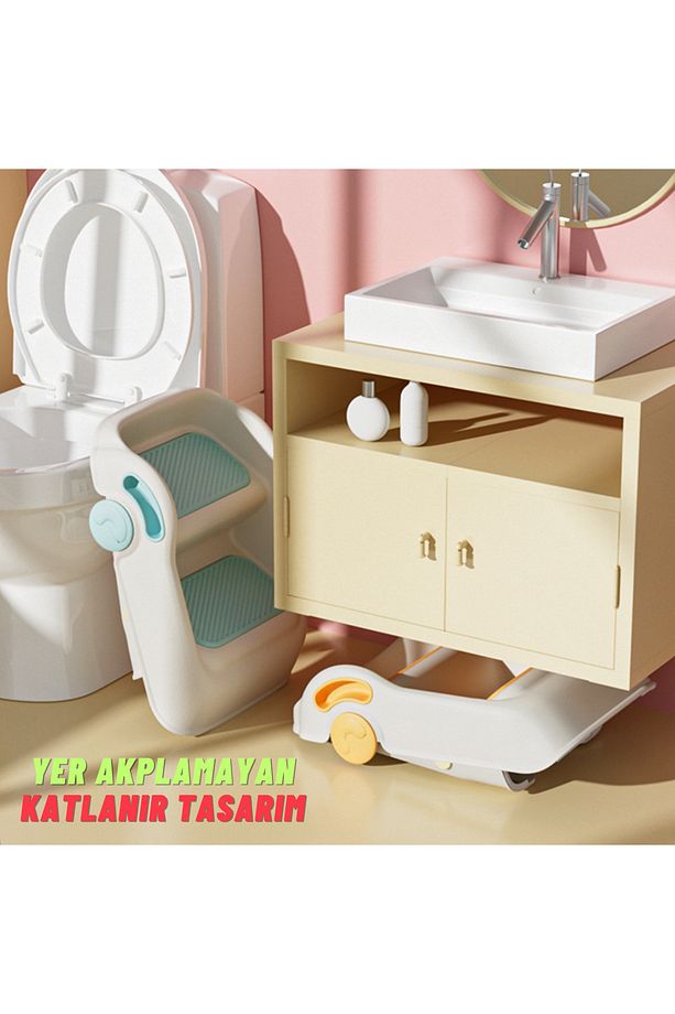 Çocuk Taburesi Katlanabilir Kaymaz İki Basamaklı Merdiven Çocuk Banyo Tuvalet Lavabo Yükseltici - 5