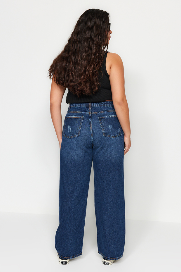 Koyu Mavi Yüksek Bel Destroylu Geniş Paça/Wide Leg %100 Pamuk Büyük Beden Jeans TBBSS22JE00006 - 11