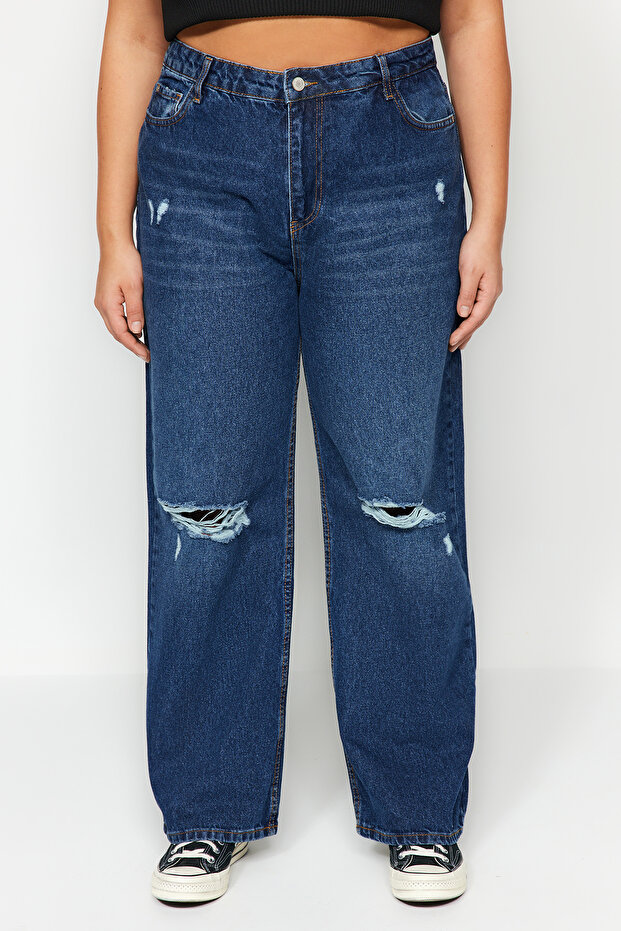 Koyu Mavi Yüksek Bel Destroylu Geniş Paça/Wide Leg %100 Pamuk Büyük Beden Jeans TBBSS22JE00006 - 10