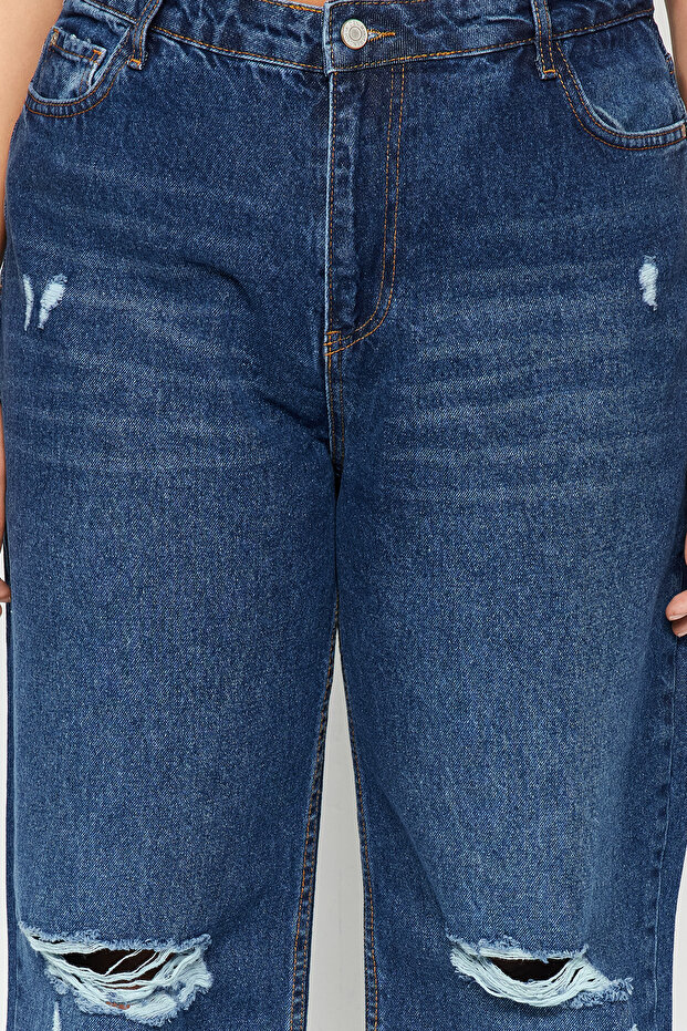 Koyu Mavi Yüksek Bel Destroylu Geniş Paça/Wide Leg %100 Pamuk Büyük Beden Jeans TBBSS22JE00006 - 9