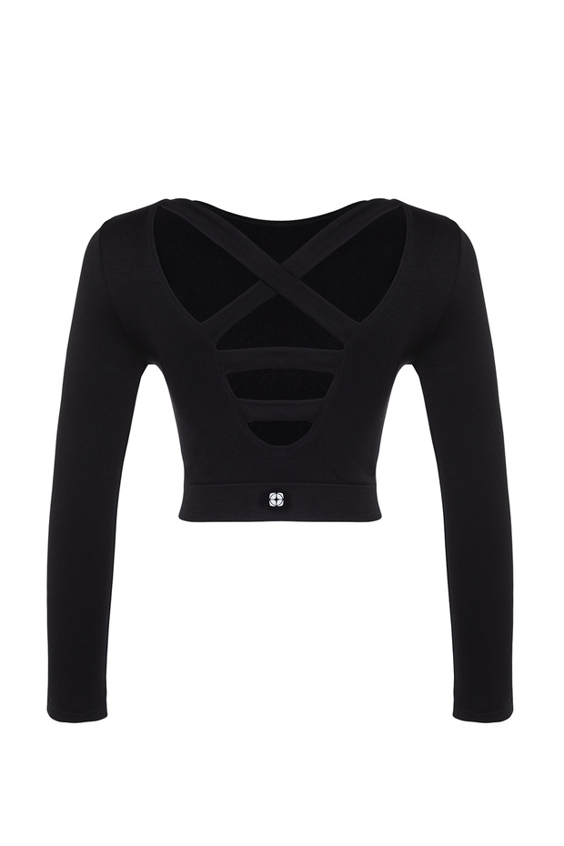 Siyah Seamless/Dikişsiz Sırt ve Reflektör Baskı Detaylı Crop Örme Spor Üst/Bluz THMAW24BZ00023 - 8