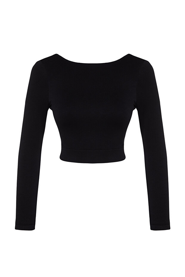 Siyah Seamless/Dikişsiz Sırt ve Reflektör Baskı Detaylı Crop Örme Spor Üst/Bluz THMAW24BZ00023 - 7