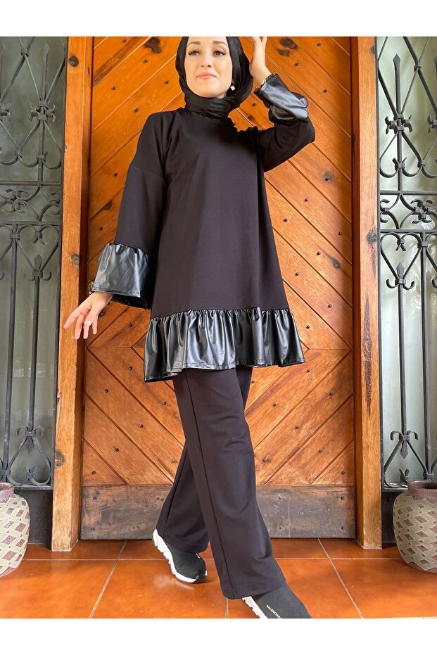 black leather detail hijab double tracksuit set