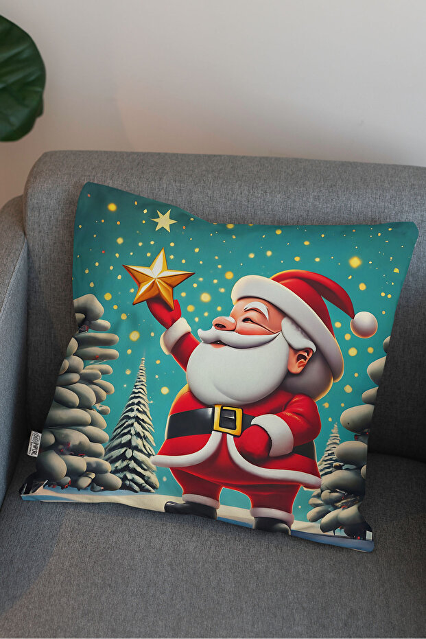 New Year Themed Santa Claus Patterned Green Digital Printed Decorative Pillow and Cushion Cover