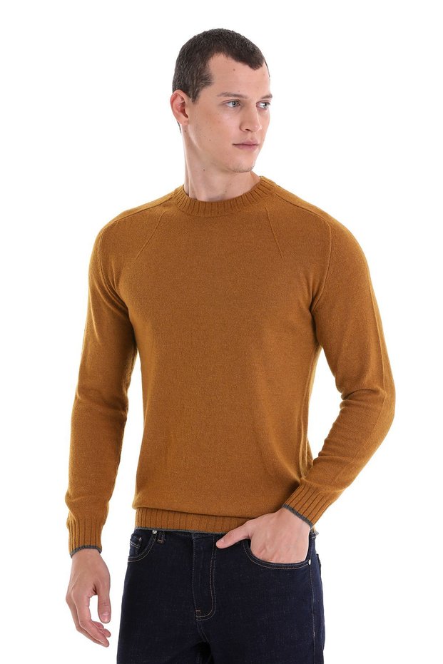 Mustard Regular Fit Plain Crew Neck Wool Knitwear Sweater
