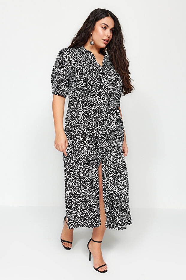 Black Patterned Woven Front Buttoned Shirt Dress TBBSS22EL1607 - 1