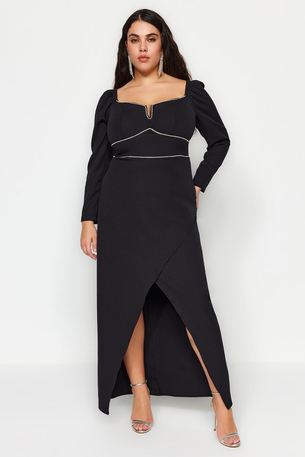 Black Stone Embellished Long Sleeve Slit Woven Evening Dress/Graduation/Engagement/Night Dress Tbbaw24Ad00001