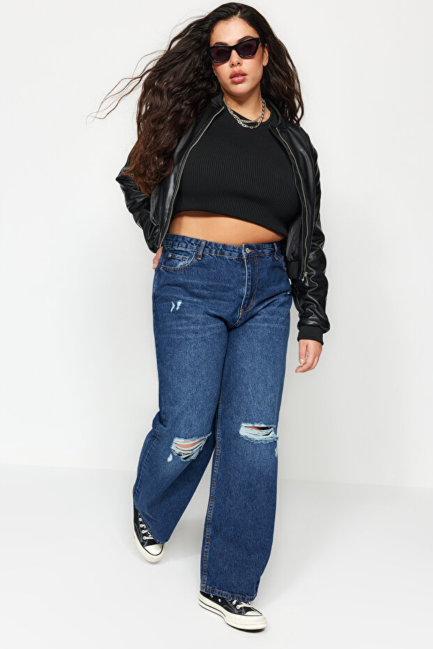 Koyu Mavi Yüksek Bel Destroylu Geniş Paça/Wide Leg %100 Pamuk Büyük Beden Jeans TBBSS22JE00006 - 8